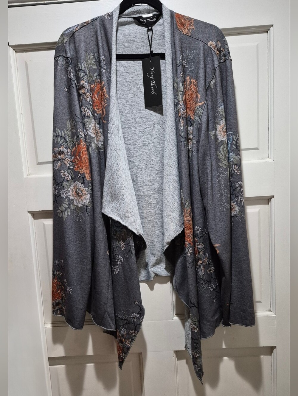 Young Threads 3X Gray Floral Draped Open Front Cardigan NWT